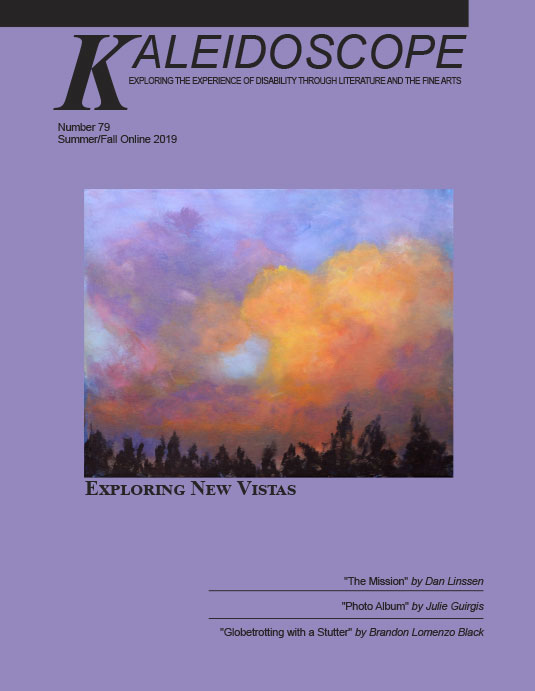 Cover of Kaleidoscope Summer/Fall 2019 Issue 79 titled Exploring New Vistas. Cover art done by Amanda LaMunyon, is a painting of a beautifully-colored stormy sky in Oklahoma.