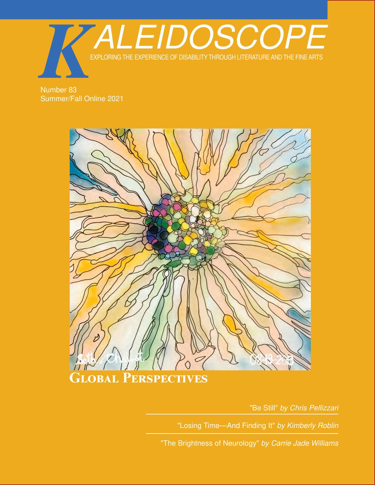 Cover of Kaleidoscope Issue 83. Orange background and a floral painting in the center.